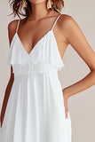 White V-Neck Flowy Formal Dress with Slit