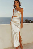 Ivory 2 Piece One Shoulder Sheath Formal Dress with Slit