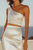 Ivory 2 Piece One Shoulder Sheath Formal Dress with Slit