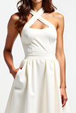 A Line Ivory Halter Cross Neck Graduation Dress