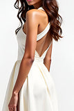 A Line Ivory Halter Cross Neck Graduation Dress