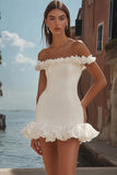 Off the Shoulder White Satin Bodycon Short Graduation Dress with Ruffles