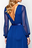 Royal Blue Scoop Ruched Mother of the Bride Dress with Long Sleeves