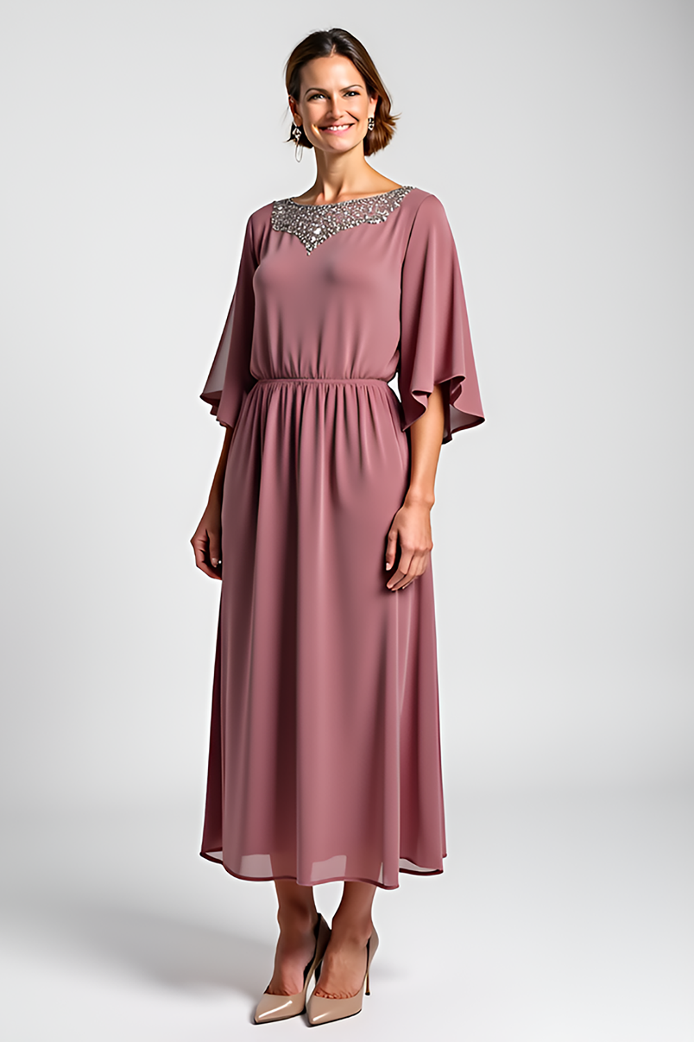 Beaded Vintage Mauve Scoop Mother of the Bride Dress with Half Sleeves