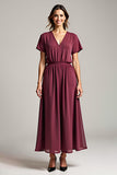 A Line Cabernet Chiffon Long Mother of the Bride Dress