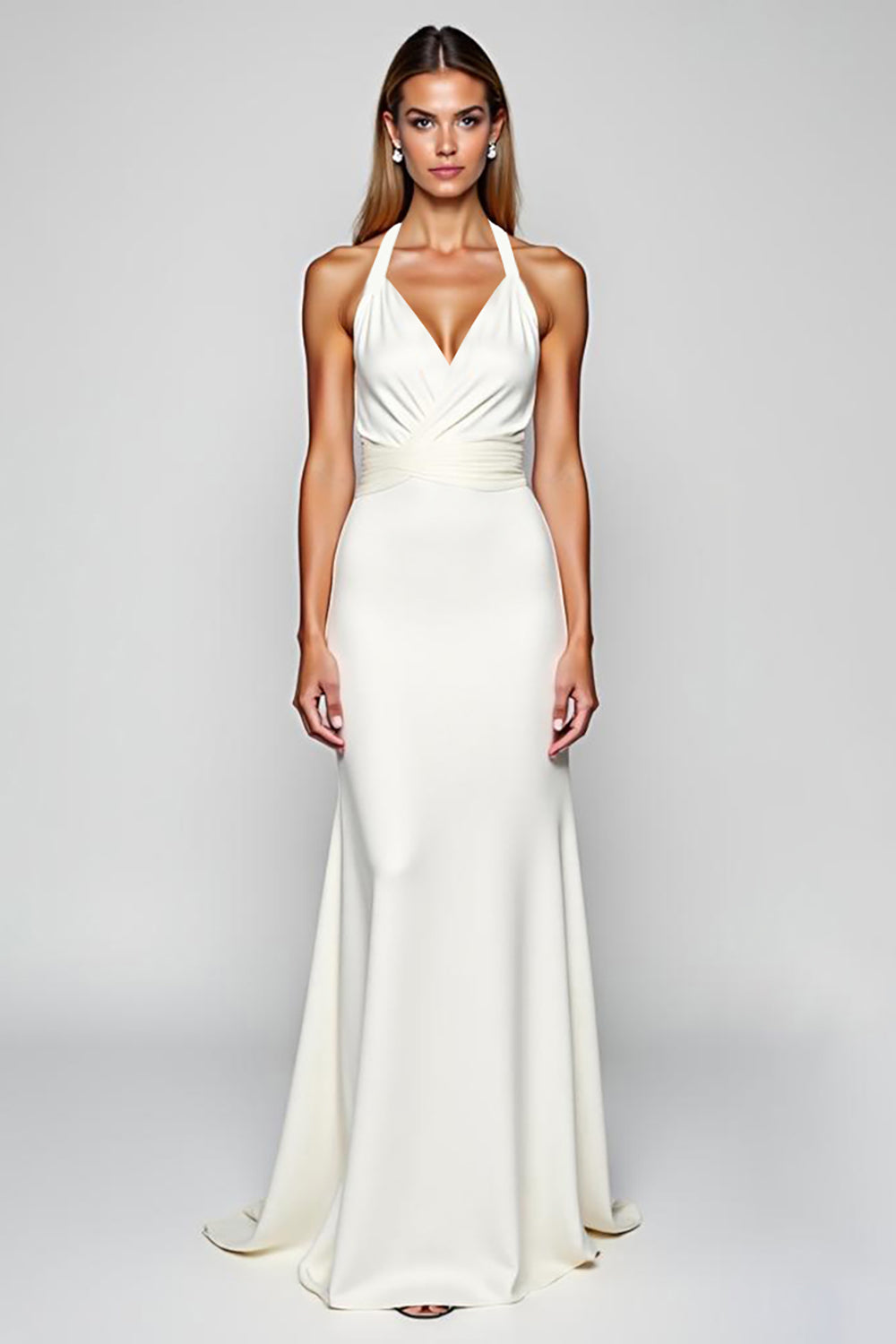 ZAPAKASA Women Halter White Sheath Satin Long Formal Dress Backless