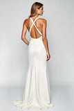 Halter White Sheath Satin Long Formal Dress