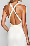 Halter White Sheath Satin Long Formal Dress