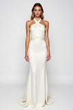 White Halter Mermaid Backless Long Formal Dress