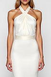 White Halter Mermaid Backless Long Formal Dress