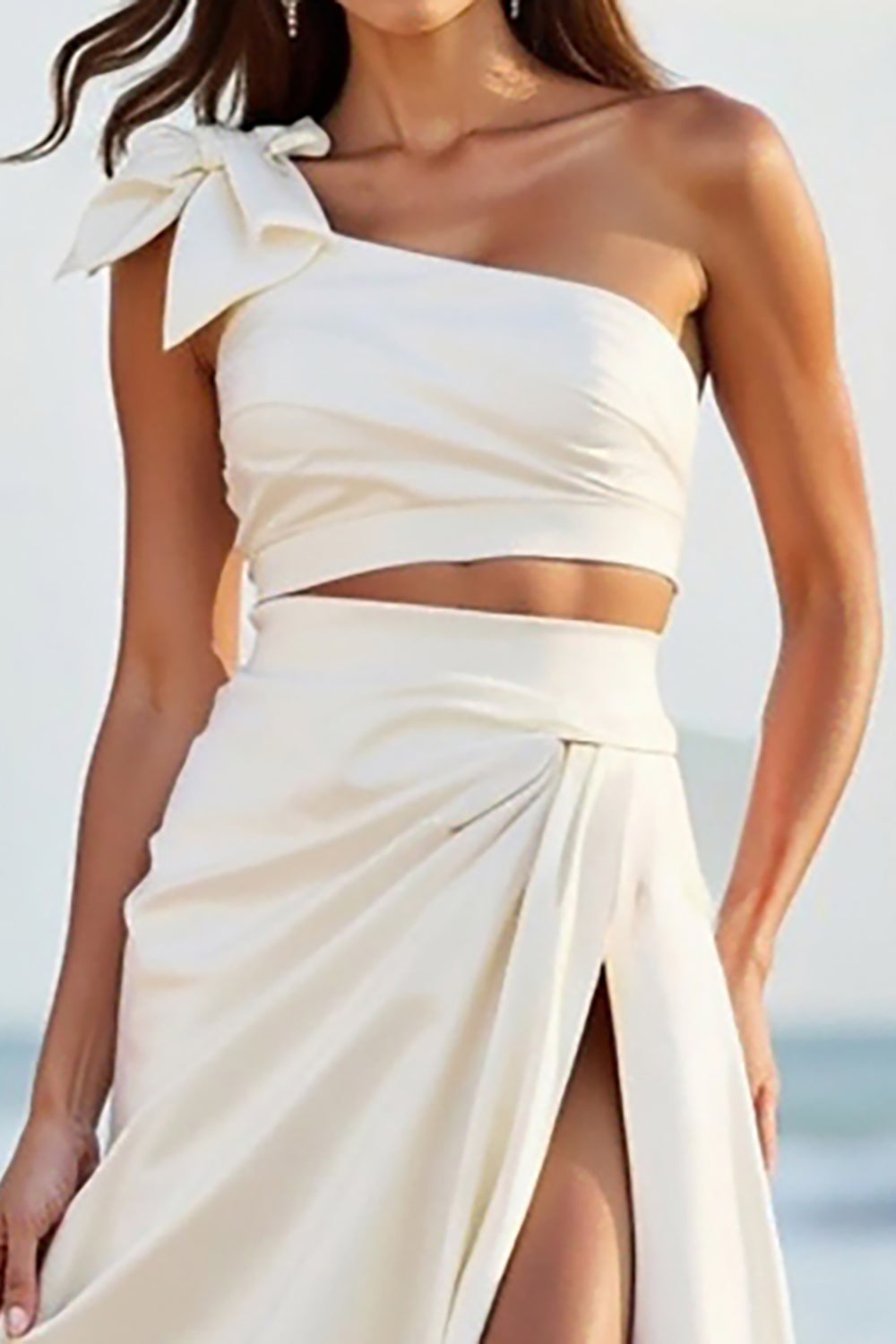 White One Shoulder Satin Long Formal Dress with Slit