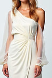 Ivory One Shoulder Crepe Long Formal Dress with Long Sheer Sleeves