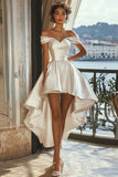 A Line White Off the Shoulder Asymmetrical Satin Graduation Dress