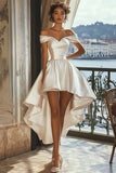 A Line White Asymmetrical Satin Graduation Dress Off the Shoulder Little White Dress