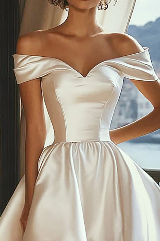 A Line White Off the Shoulder Asymmetrical Satin Graduation Dress