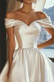 A Line White Off the Shoulder Asymmetrical Satin Graduation Dress