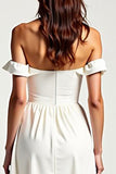 Off the Shoulder White A Line Chiffon High Low Formal Dress