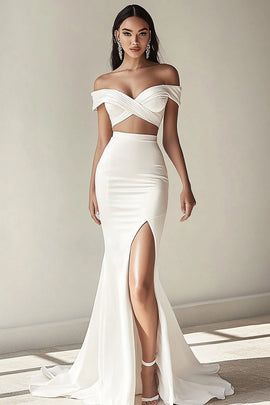 White Off the Shoulder Ruched Formal Dress with Slit