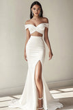 White Off the Shoulder Ruched Formal Dress with Slit