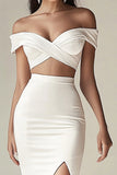 White Off the Shoulder Ruched Formal Dress with Slit