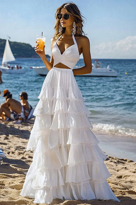 White 2 Piece Halter Tiered Ruffled Formal Dress