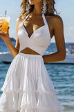 White 2 Piece Halter Tiered Ruffled Formal Dress