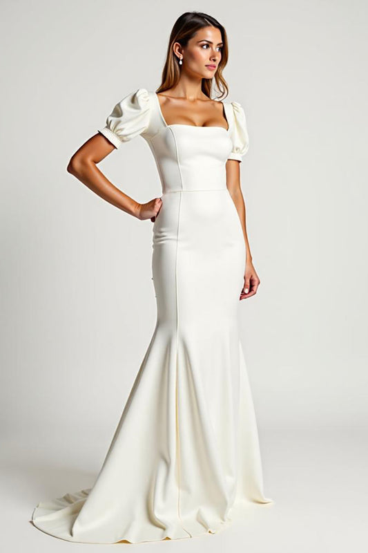 Ivory Square Neck Mermaid Crepe Long Formal Dress with Puff Sleeves