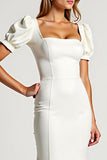 Ivory Square Neck Mermaid Crepe Long Formal Dress with Puff Sleeves