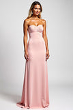Sheath Pink Strapless Satin Long Bridesmaid Dress