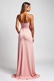 Sheath Pink Strapless Satin Long Bridesmaid Dress