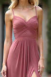 Dusty Rose A Line Ruched Chiffon Long Bridesmaid Dress with Slit