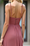 Dusty Rose A Line Ruched Chiffon Long Bridesmaid Dress with Slit