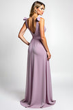 A Line Lilac Backless Chiffon Bowknot Long Bridesmaid Dress with Slit