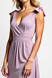 A Line Lilac Backless Chiffon Bowknot Long Bridesmaid Dress with Slit