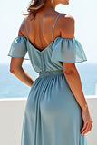 Blue A Line Chiffon Long Bridesmaid Dress with Ruffles