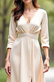 A Line Champagne V-Neck Mother of the Bride Dress with Long Sleeves