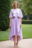 Lilac Cape Pleated Tea Length Mother of the Bride Dress