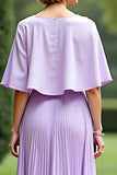 Lilac Cape Pleated Tea Length Mother of the Bride Dress