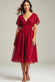 Red V-Neck Knee Length Chiffon Mother of the Bride Dress with Short Sleeves