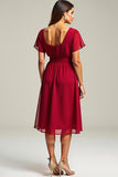 Red V-Neck Knee Length Chiffon Mother of the Bride Dress with Short Sleeves