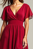 Red V-Neck Knee Length Chiffon Mother of the Bride Dress with Short Sleeves
