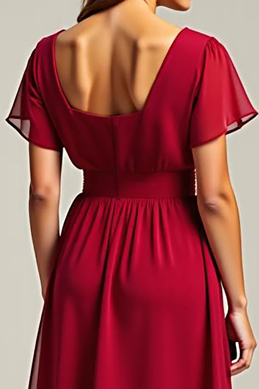 Red V-Neck Knee Length Chiffon Mother of the Bride Dress with Short Sleeves