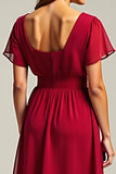 Red V-Neck Knee Length Chiffon Mother of the Bride Dress with Short Sleeves