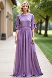 Tahiti Long Chiffon Mother of the Bride Dress with Short Sleeves