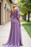 Tahiti Long Chiffon Mother of the Bride Dress with Short Sleeves