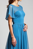 Blue Long Chiffon Mother of the Bride Dress with Short Sleeves
