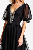 Black Long Chiffon Beaded Mother of the Bride Dress with Puff Sheer Sleeves