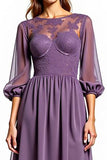 Plum Chiffon High Low Mother of the Bride Dress with Long Sleeves