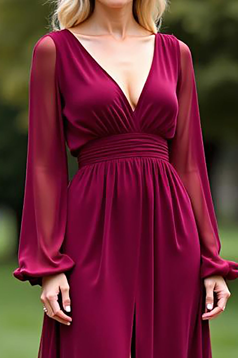 Burgundy V-Neck Backless Long Chiffon Mother of the Bride Dress with Slit