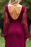 Burgundy V-Neck Backless Long Chiffon Mother of the Bride Dress with Slit